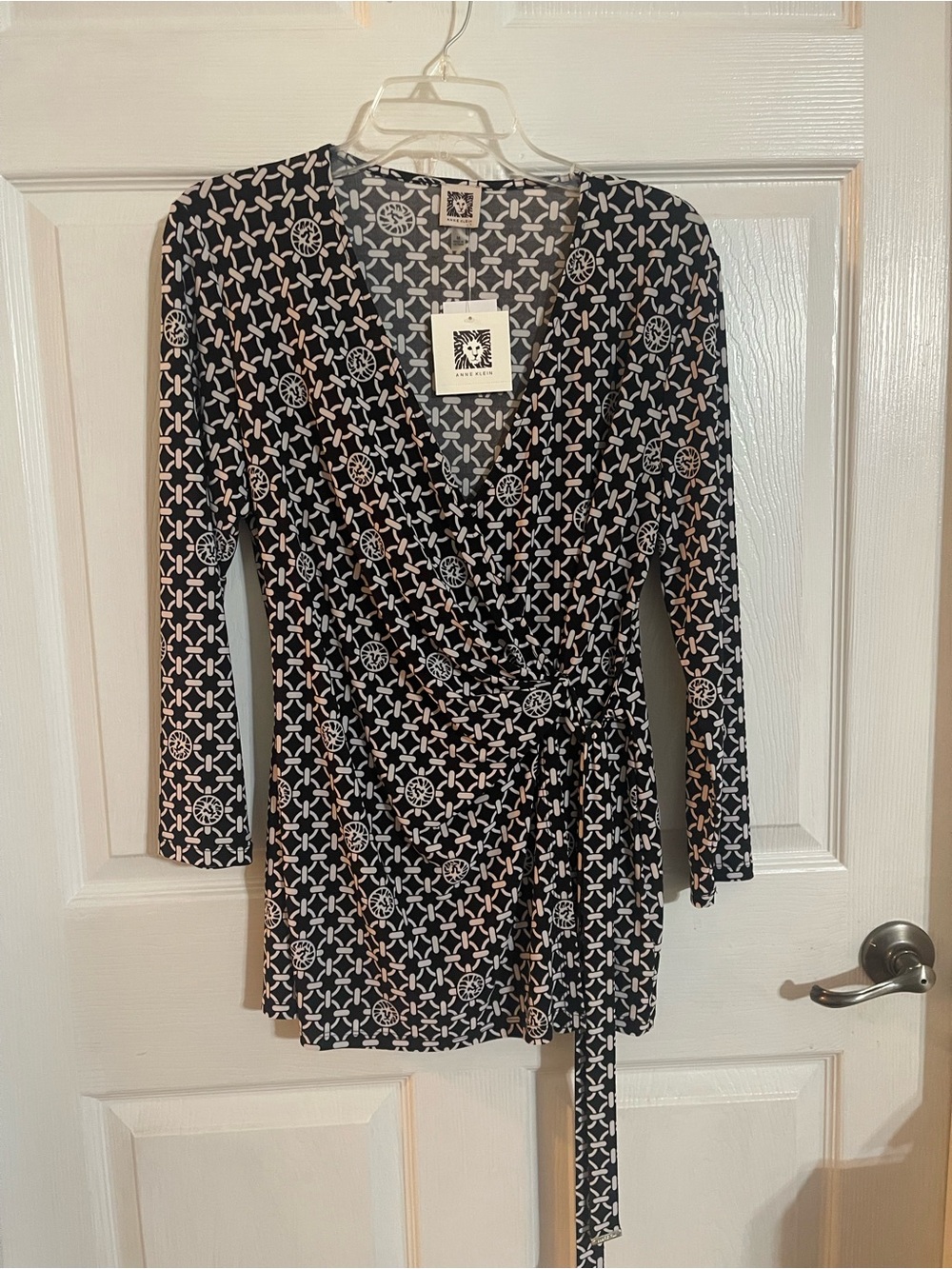 Anne Klein Black and White Geometric Wrap Tunic
